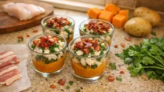 Verrines chaudes poisson & potiron : le duo tout doux avec bacon croustillant