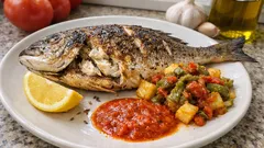 Complet poisson tunisien : poisson grillé au cumin, tastira fondante et sauce kerkenaise